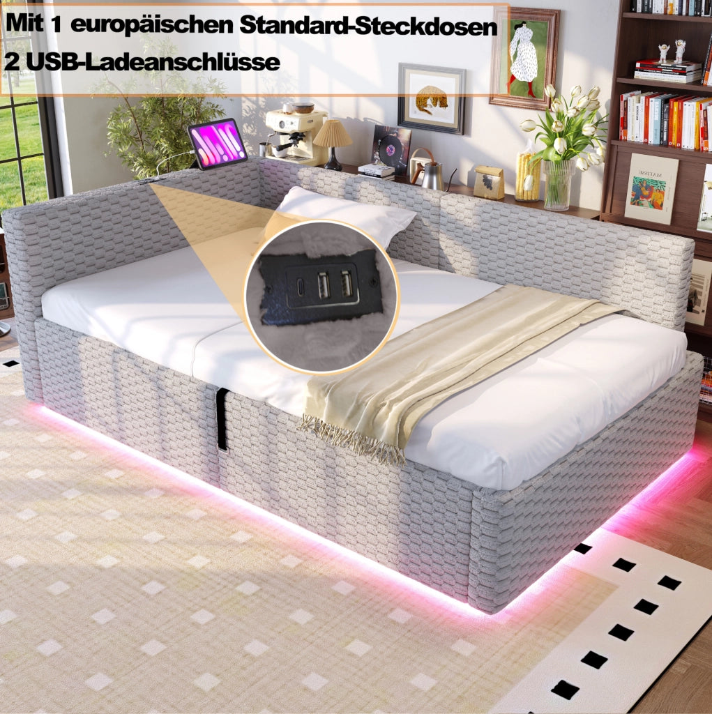 Letto imbottito multifunzione 90x200 cm in velluto grigio con contenitore; LED e porte USB
