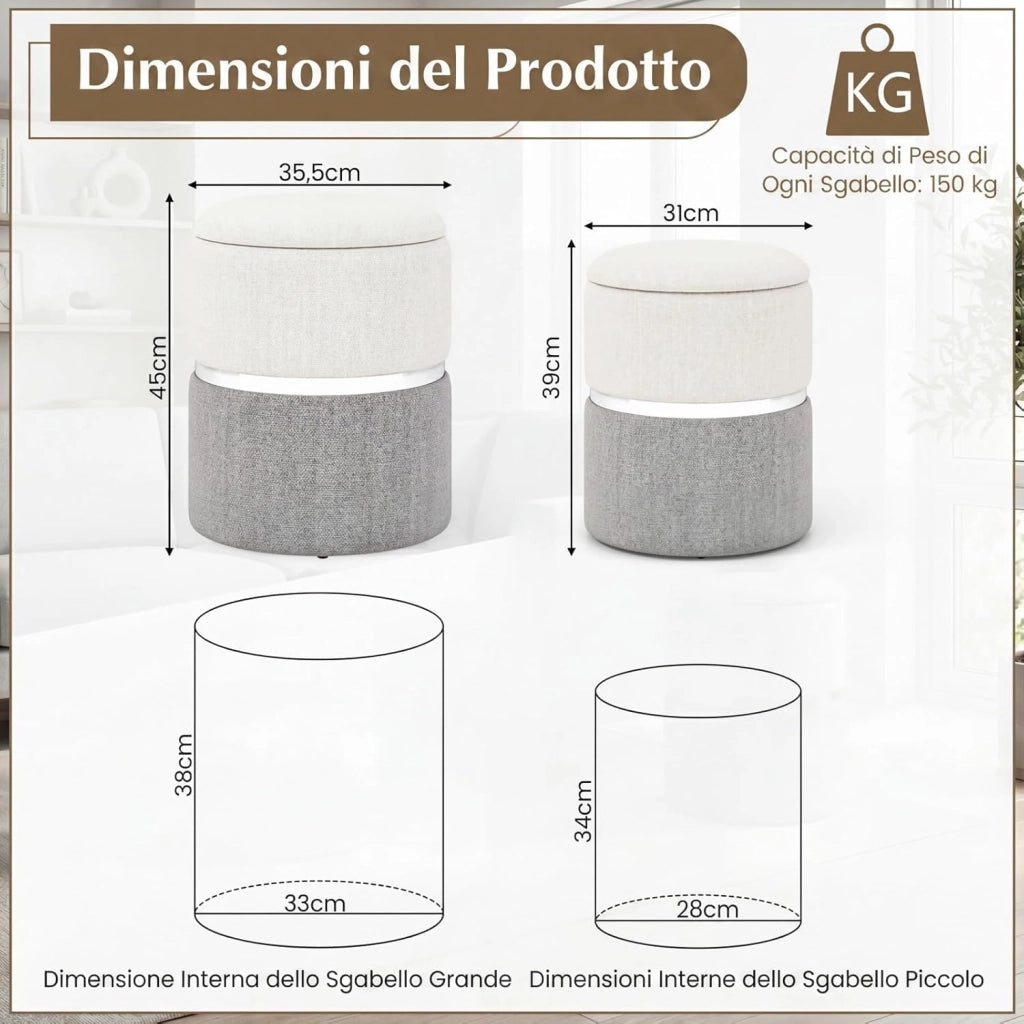 Set di 2 Pouf Contenitore in Velluto, Pouf Rotondi Imbottiti da 32L +21L, Sgabelli con Contenitore per Soggiorno, Camera da Letto, Portata 150 kg (Grigio)