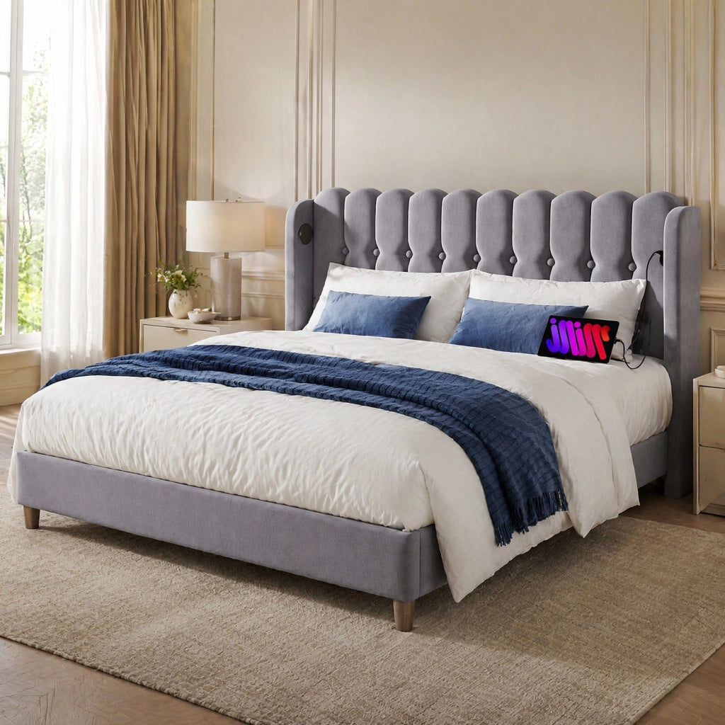 LETTO imbottito 160x200 cm Grigio con USB e Type-C