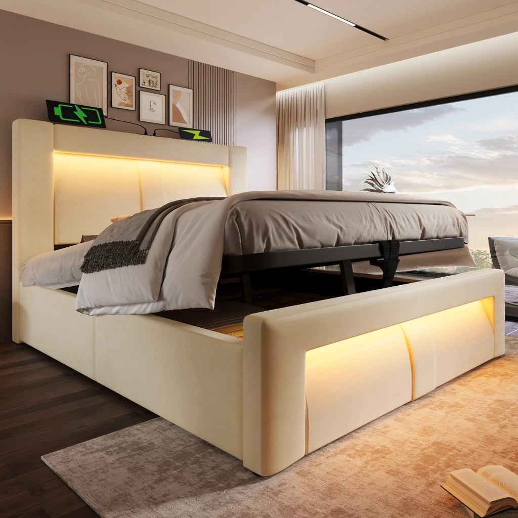 Letto singolo ULEVR 90x200 cm con materasso, contenitore idraulico, LED, USB e USB-C, velluto beige