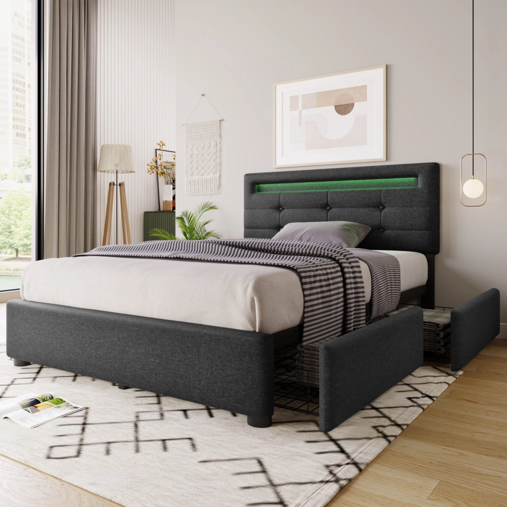 Letto con Cassetti Singolo; LED Regolabile; 2 Cassetti e Testiera Regolabile; 90 × 200 cm; senza Materasso
