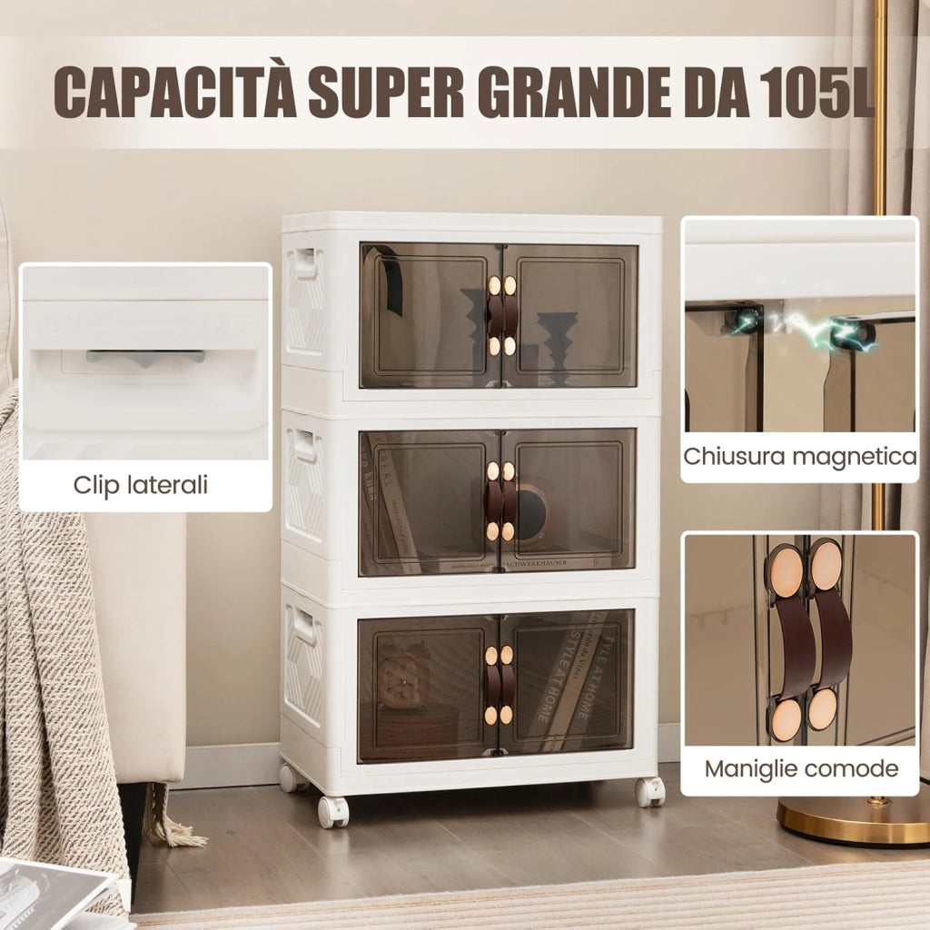 Scatola Portaoggetti, Contenitori in Plastica con Coperchio e 4 Ruote, Contenitore Pieghevole Impilabile per Soggiorno, Cucina e Camera da Letto (L-Set di 3)