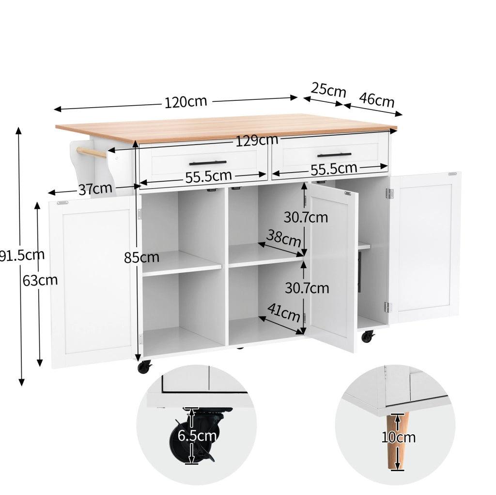Carrello da cucina 129x71x91.5 cm con piano ribaltabile e ampio spazio; MDF; bianco naturale