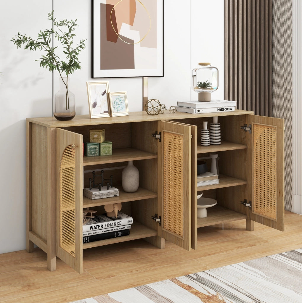 Madia 4 ante con inserti in rattan PE e ripiano regolabile; MDF colore naturale