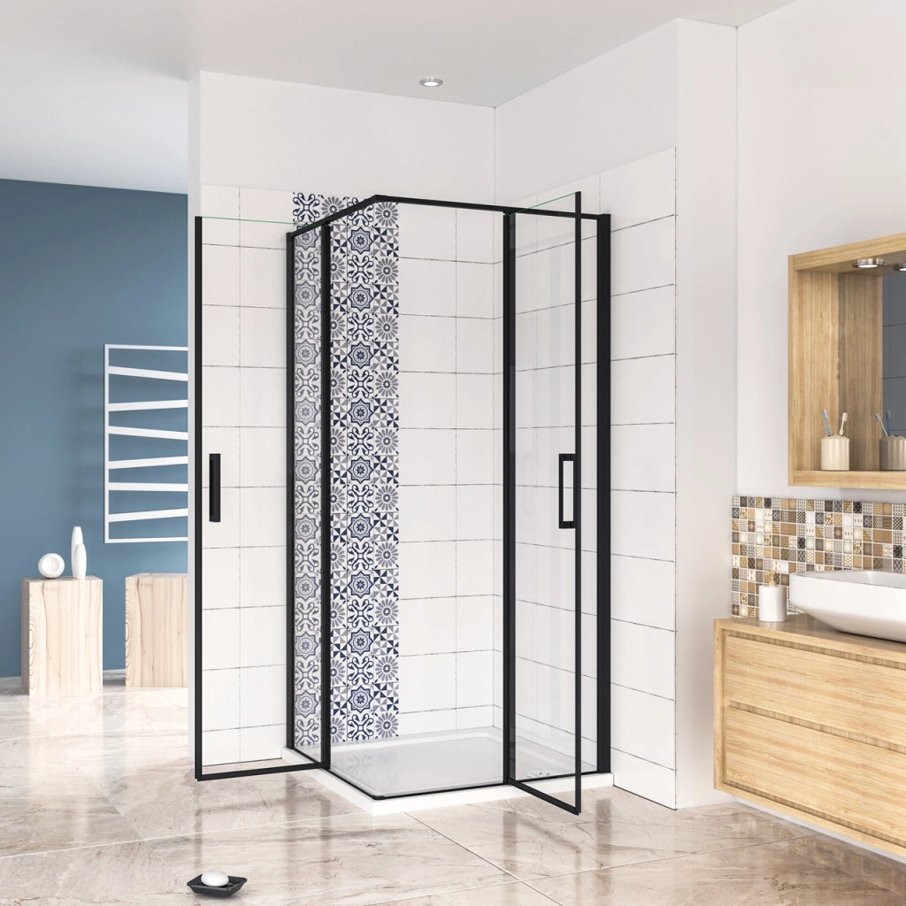 Box Doccia Angolare 100x120 cm H.185 cm Doppia Porta Battente in Vetro Temperato Trasparente Anticalcare 6 mm Profilo Nero Opaco