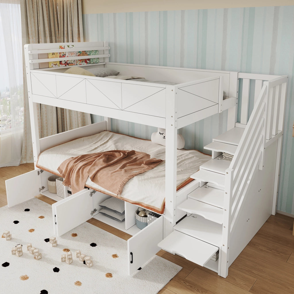 Letto a castello 90 × 200 cm con scala contenitore, armadi sotto letto, sponde alte, senza materasso, bianco