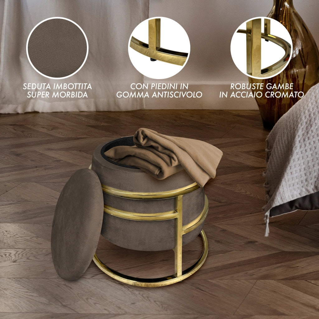 Pouf Contenitore Poggiapiedi Velluto Con Struttura Circolare Cromata Oro Elegante Imbottito Sgabello Per Toeletta Mobile Trucco Ottomano Ingresso Camera Da Letto Rotondo - Testa di moro