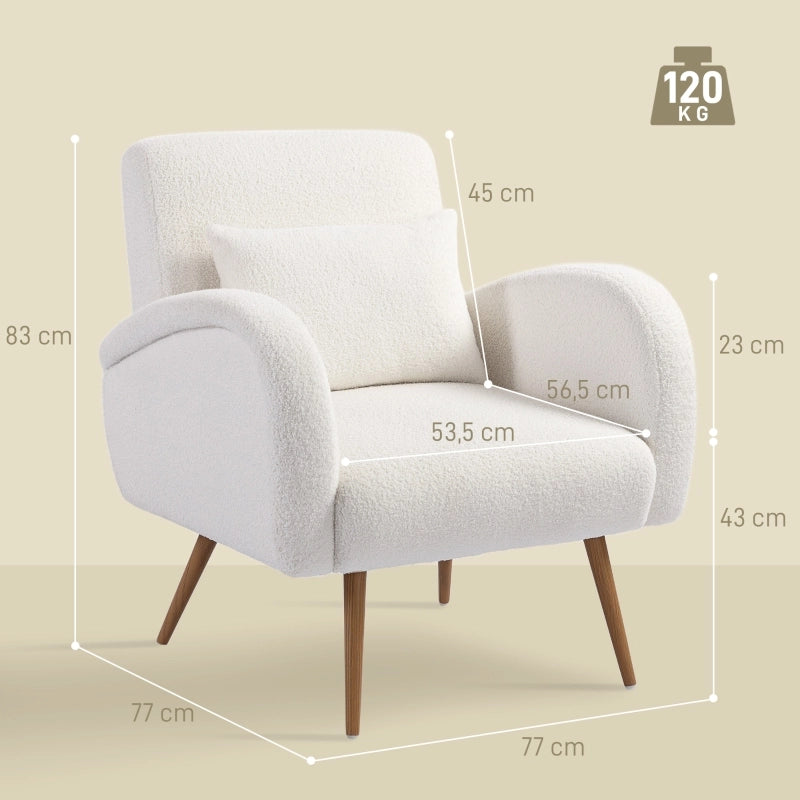 Poltrona in pile con cuscino lombare e gambe in metallo effetto legno schienale largo da lettura bianco crema