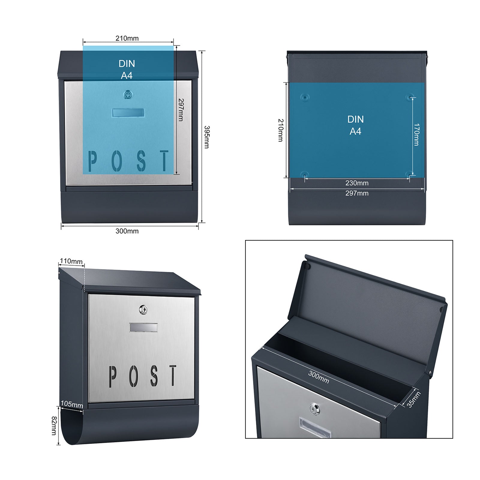 Cassetta postale con vano portagiornale V38 antracite + inox 305 x 105 x 385 mm con vetrino nome