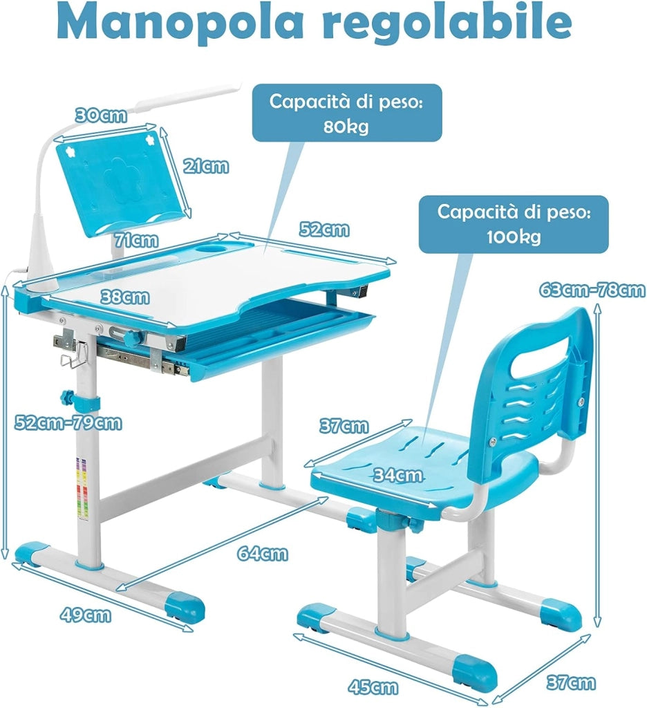 Set Scrivania e Sedia per Bambini, Tavolo Regolabile in Altezza con Piano Inclinabile 45° e Luce LED 3 Modalità, Tavolo e Sedia Ergonomica in Materiali Sicuri per 4+ Anni (Blu)