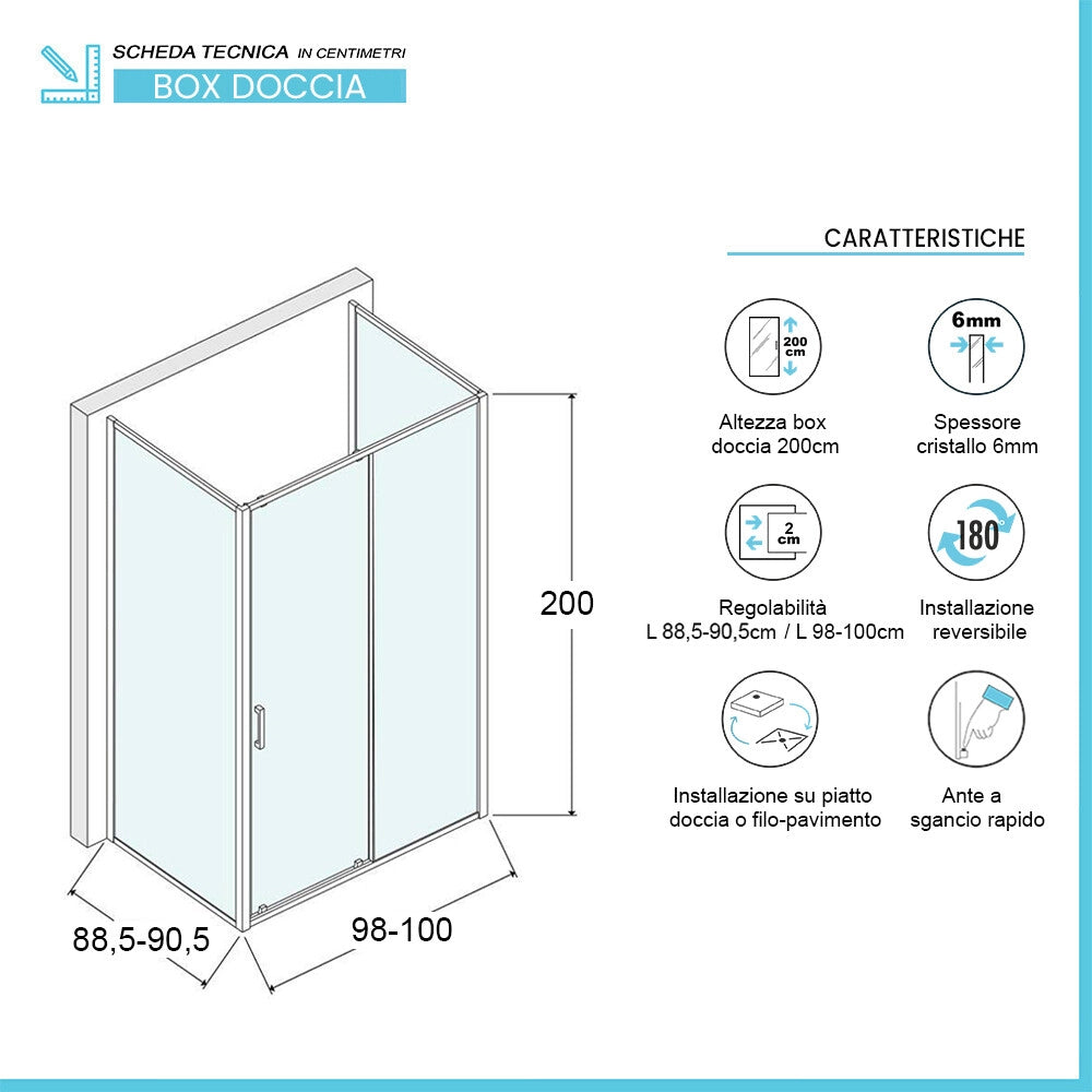 Box doccia 3 lati 90x100x90 doppia porta scorrevole + fissa in vetro trasparente Ted