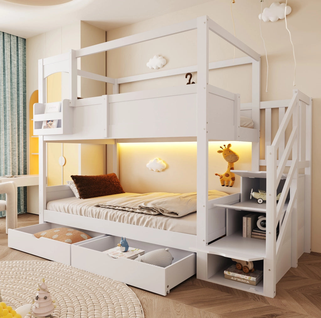 Letto a castello per bambini 90x200 cm in legno; design casetta; bianco; con cassetti e scaletta contenitore