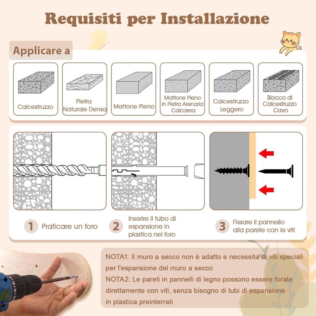Torre per Gatti da Parete, Tiragraffi per Gatti da Interno con Mensole, Amaca, Pali e Tappetini Tiragraffi in Sisal e Cuscini Imbottiti Lavabili, Centro di Attività a 5 Livelli per Gattini