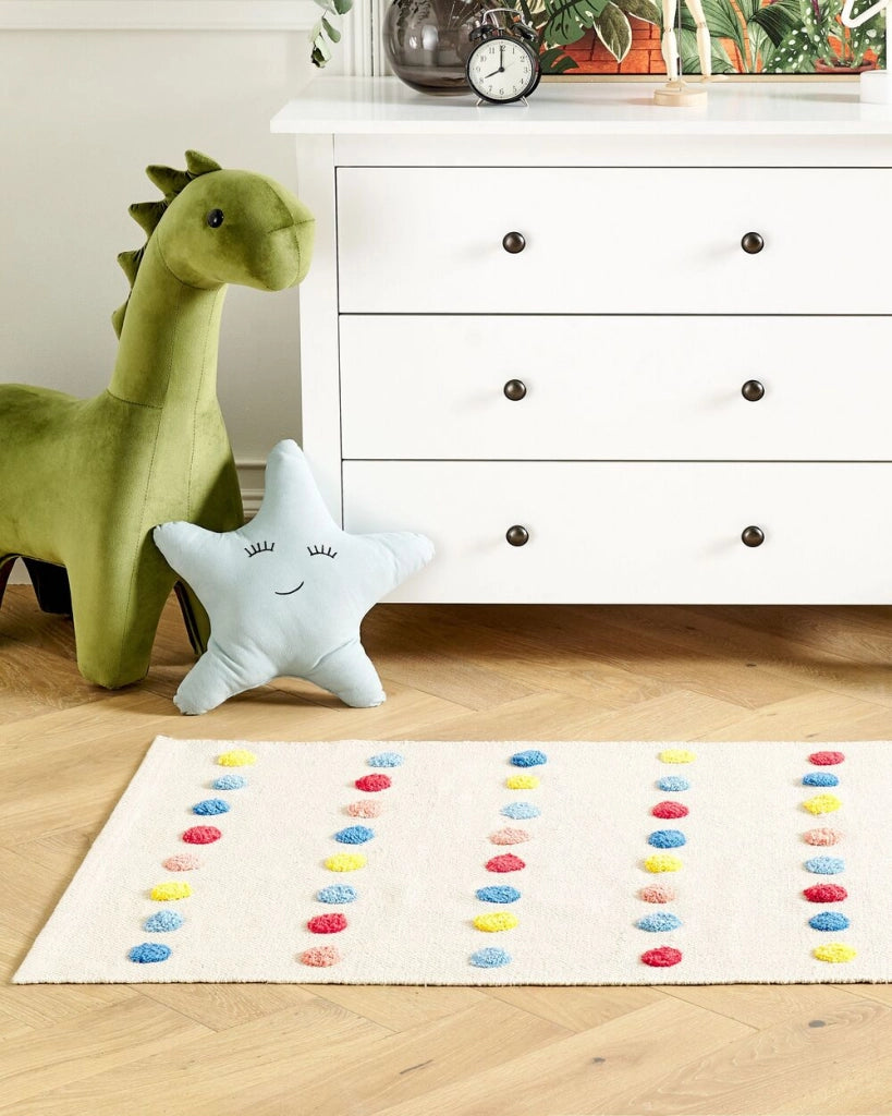 Tappeto per aree multicolore con mini pompon 80 x 150 cm, a basso contenuto di peli, per la stanza dei bambini.