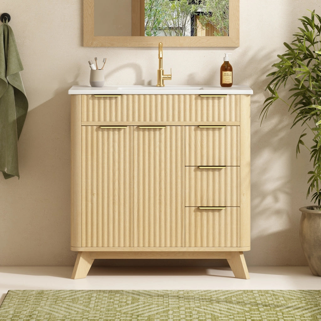 Mobile da bagno con 3 cassetti e 2 ante; lavabo in ceramica - per bagno - 81x47x90 cm - naturale