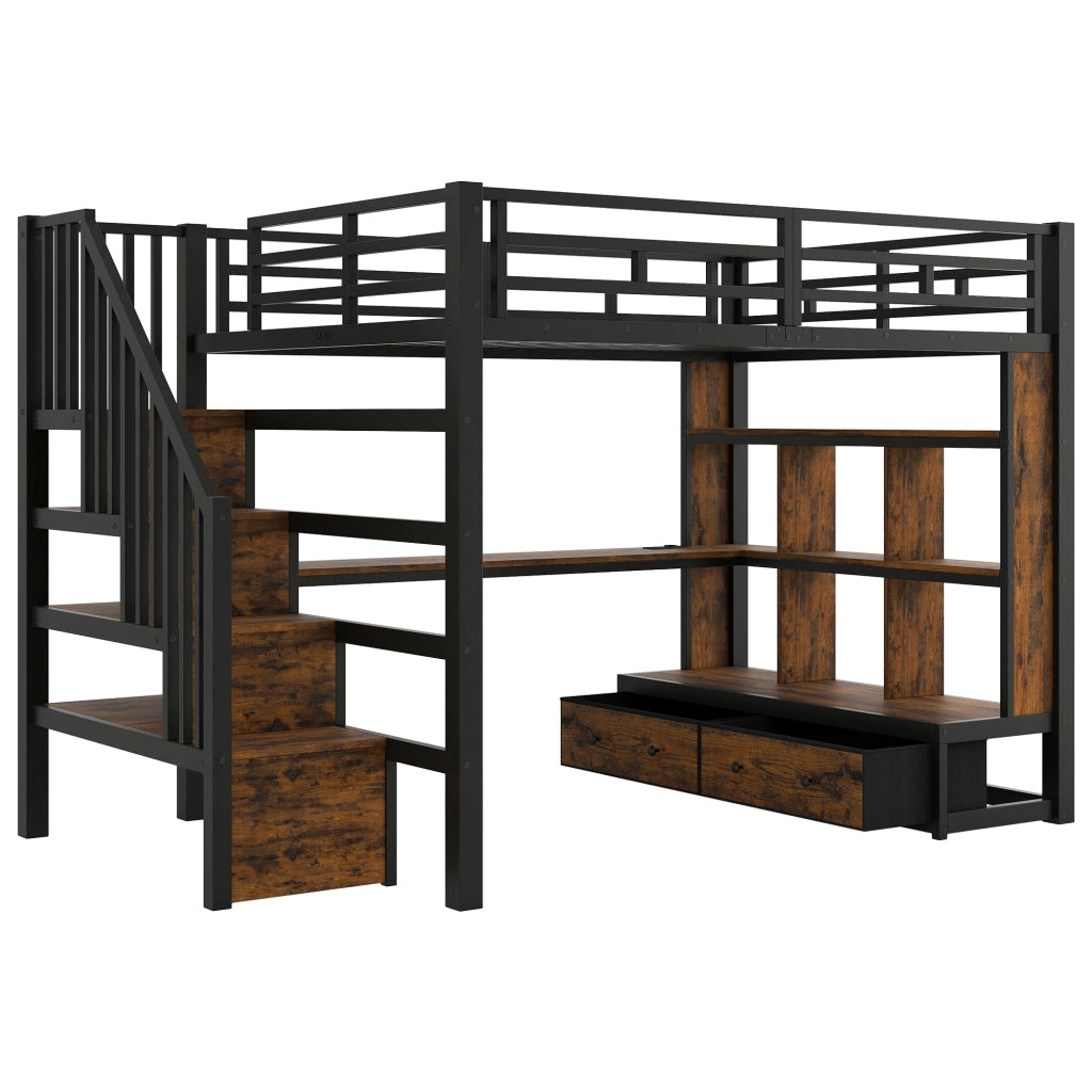 Letto a soppalco in metallo con scrivania, scaffali e cassetti, 140x200 cm, nero