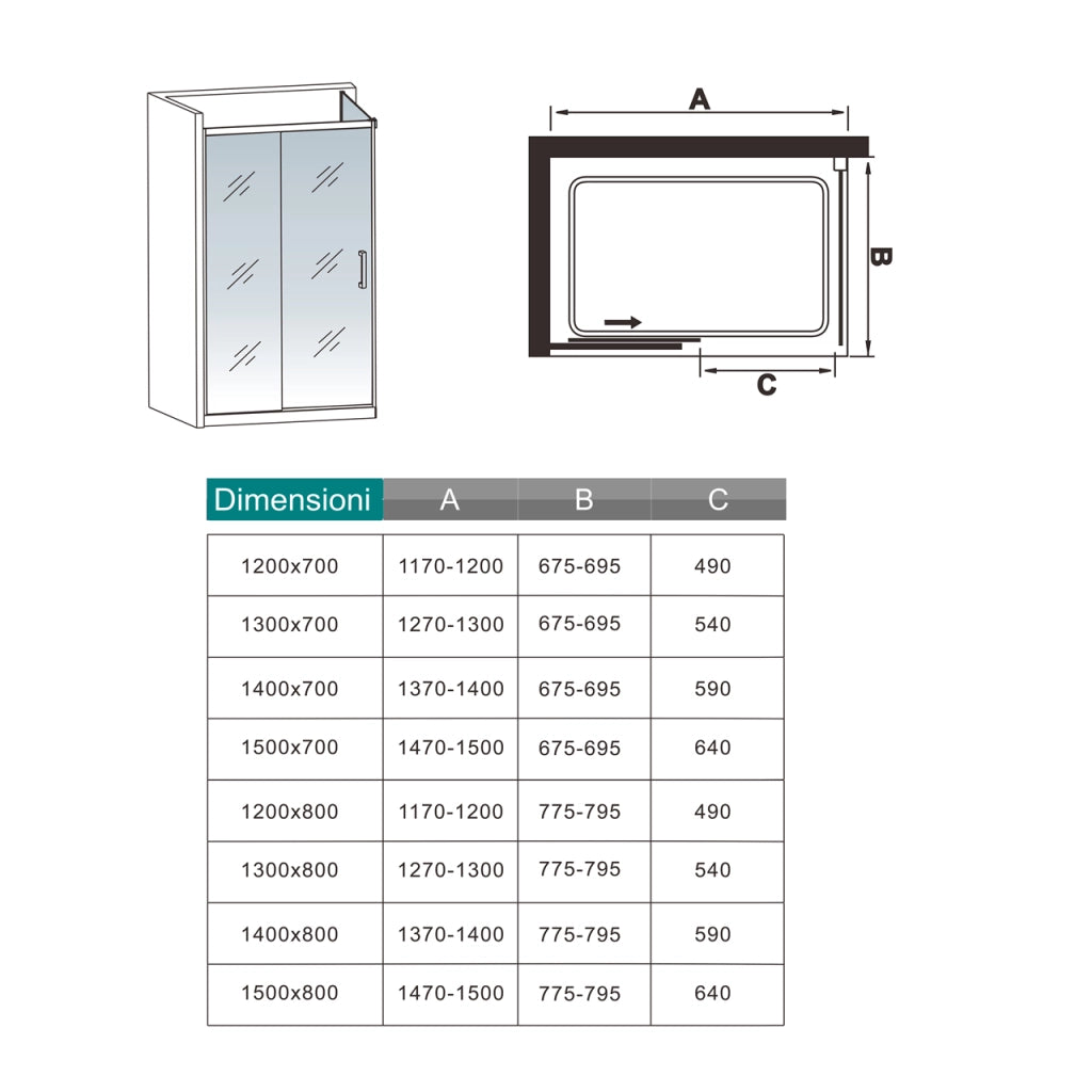 195 cm Box Doccia Angolare 140X70 cm Porta Scorrevole con Parete Fissa Vetro 8 mm Temperato Anticalcare Trasparente Profilo Nero Opaco Softclose