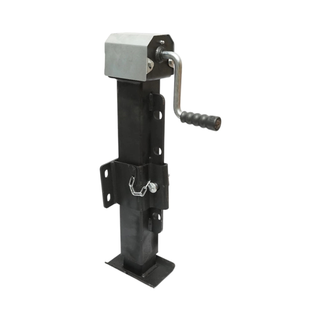 Piedino di supporto regolabile per rimorchio con manovella 65 cm, fissaggio laterale, carico massimo 4000 kg.