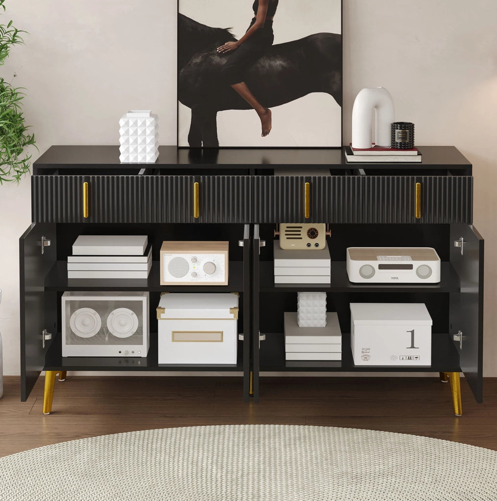 Credenza 140x38x82 cm con 4 ante; 4 cassetti; MDF nero