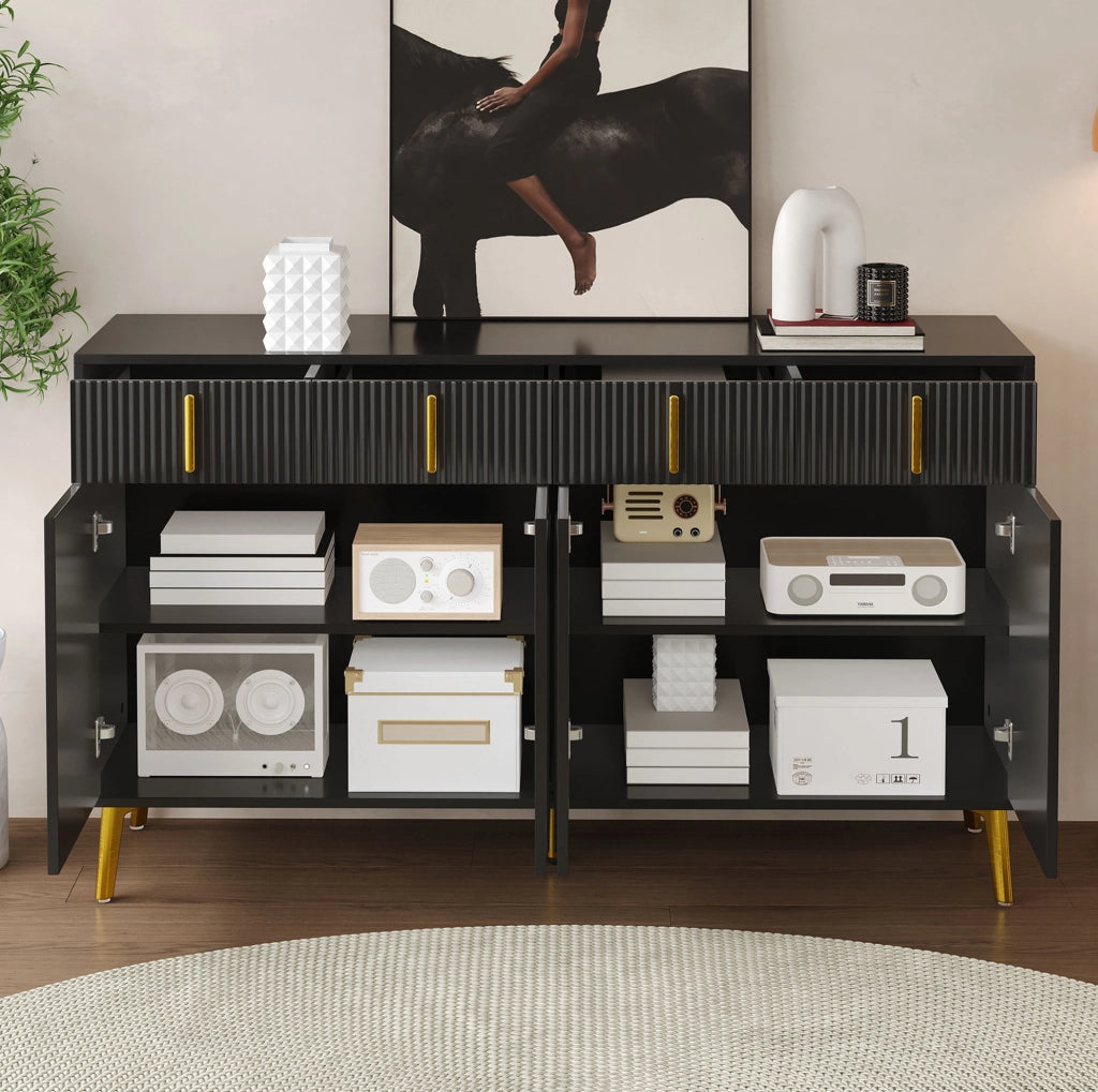 Credenza 140x38x82 cm con 4 ante; 4 cassetti; MDF nero