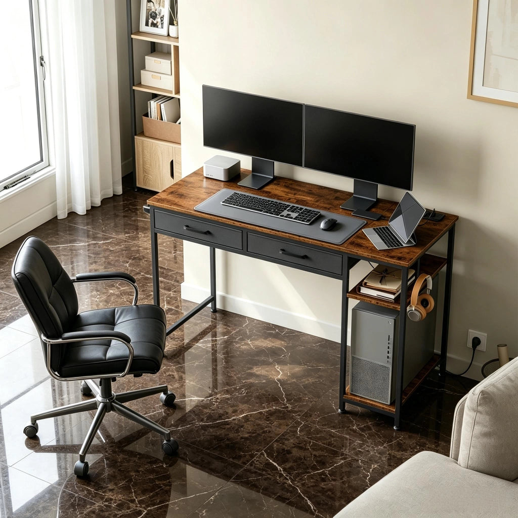 Scrivania con 2 cassetti, prese e porte USB, ripiano laterale, in legno ingegnerizzato e metallo marrone rustico