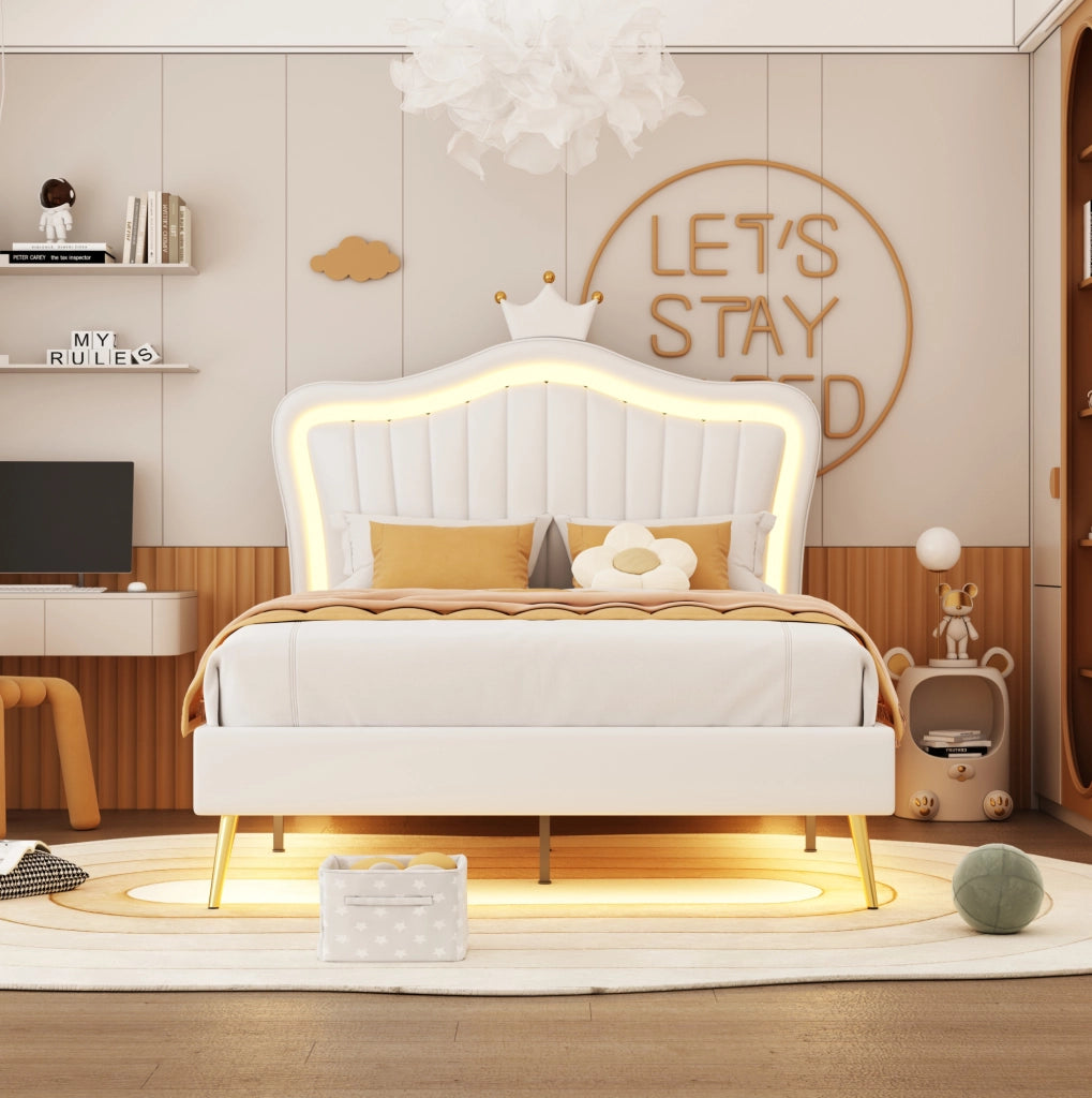 Letto per bambini 90x200 cm con LED; testiera regolabile e rete; bianco