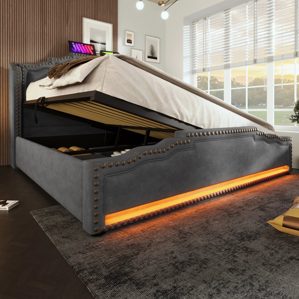 Letto imbottito con stoccaggio idraulico - Zephmum- 140x200 cm- Grigio- LED, USB-C, con rete e materasso