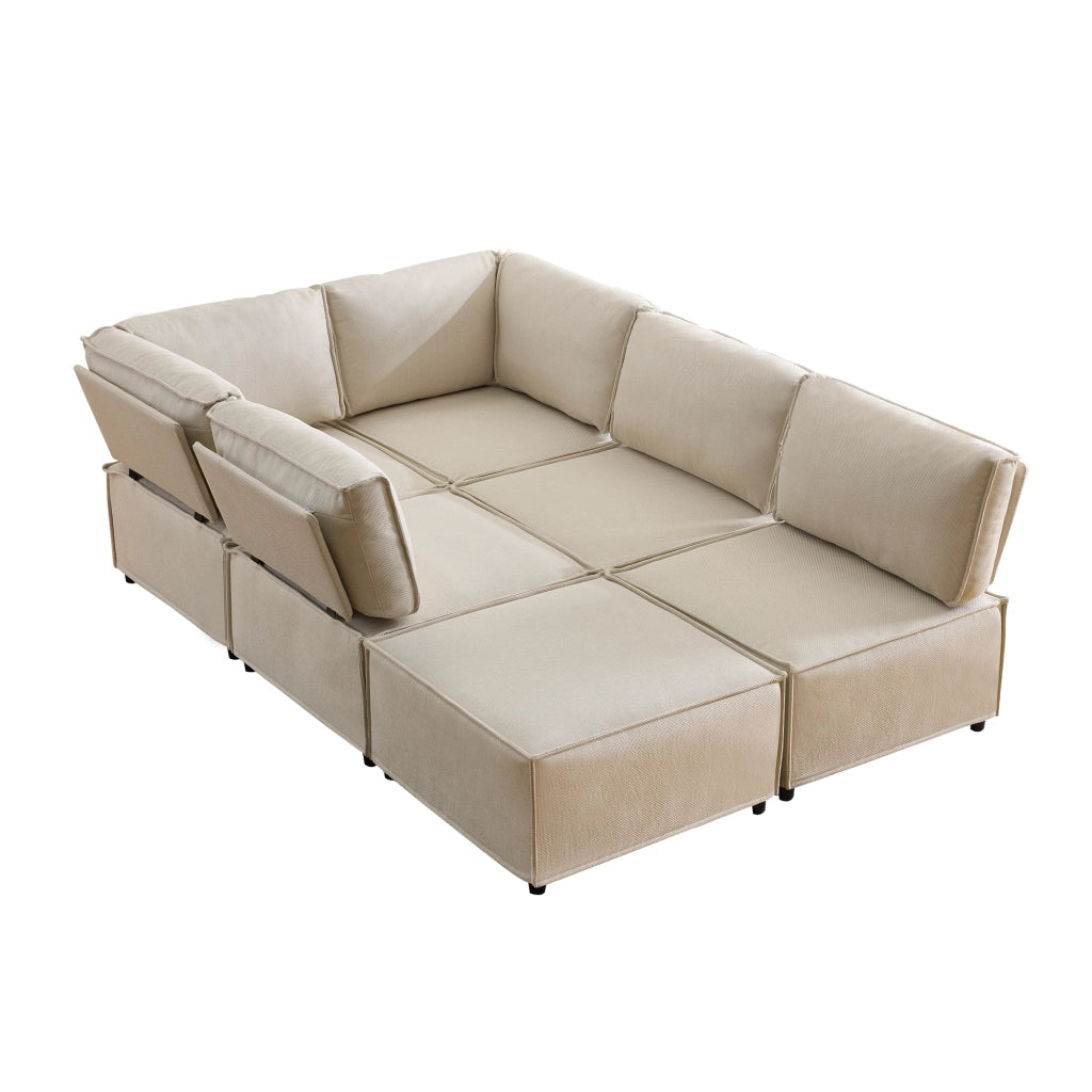 Divano angolare modulare componibile con seduta comoda e rivestimento in lino beige 308 × 152 × 77 cm