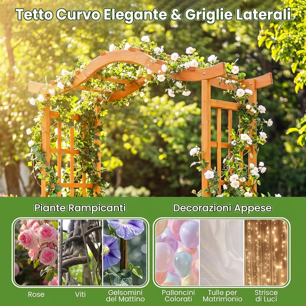 Arco da Giardino con Fioriere, Letto da Giardino Rialzato con Traliccio, Tetto, Fori di Drenaggio, Fondo Rimovibile e Cancelli Chiudibili, Pergolato da Esterno in Legno per Feste e Matrinomio