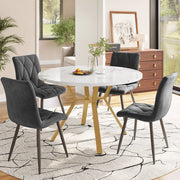 Tavolo da pranzo rotondo con 4 sedie set da 5 pezzi in MDF e acciaio effetto marmo con sedute in velluto grigio