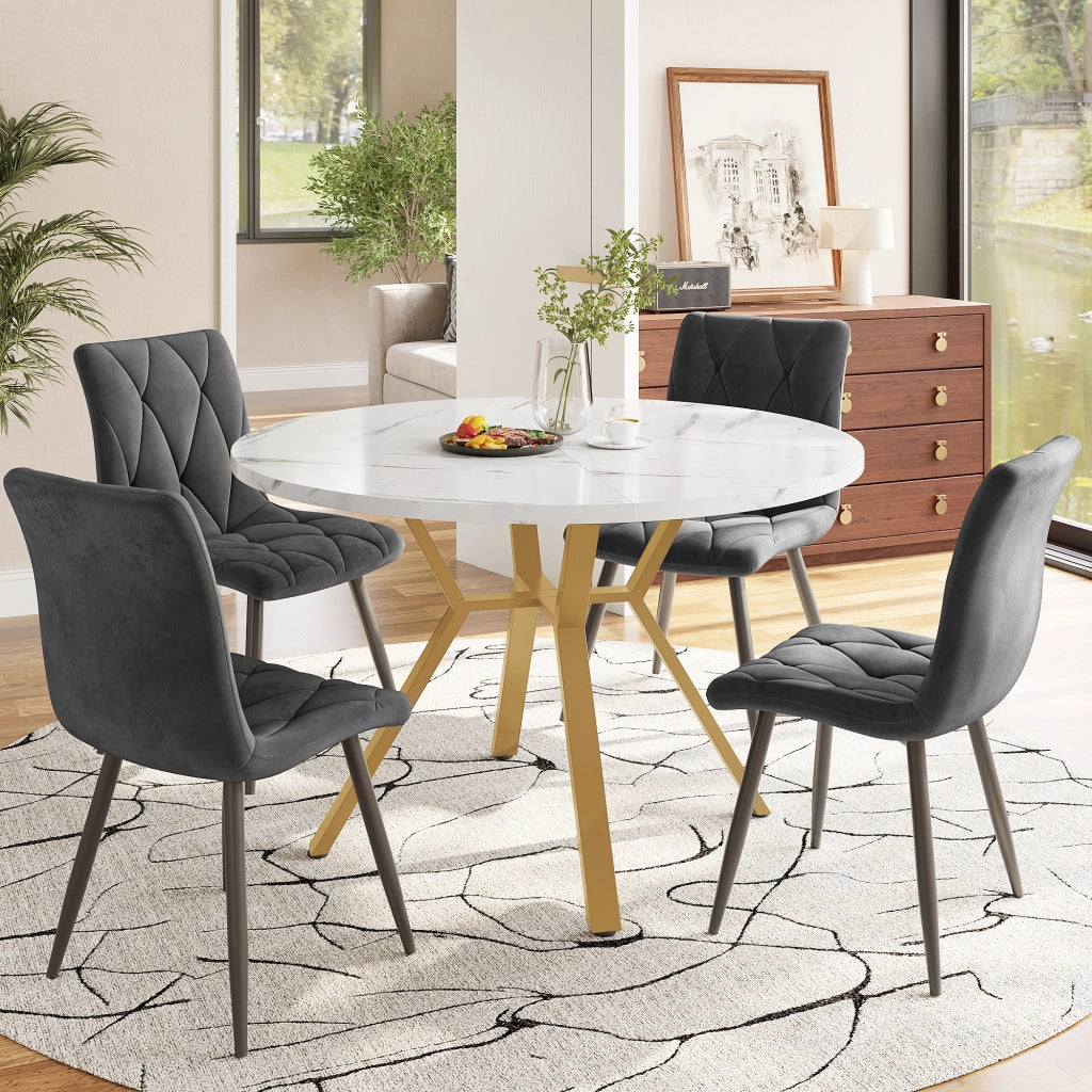 Tavolo da pranzo rotondo con 4 sedie set da 5 pezzi in MDF e acciaio effetto marmo con sedute in velluto grigio