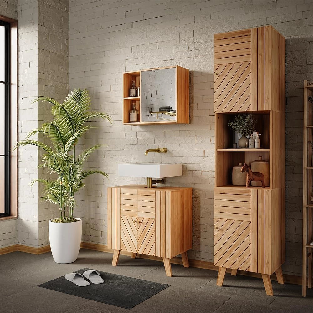 Mobile da bagno Lucie, Bambù, 40 x 177 cm con 2 porte, adatto per la conservazione salvaspazio di accessori da bagno