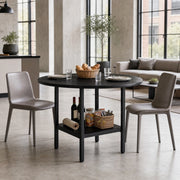 Tavolo da pranzo rotondo con ripiano contenitore in MDF e metallo nero per cucina e sala da pranzo 100 × 100 × 77 cm