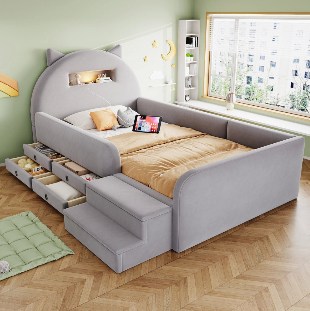 Letto per bambini 90x200 cm con testiera con contenitore; luce notturna e USB; rivestito grigio chiaro