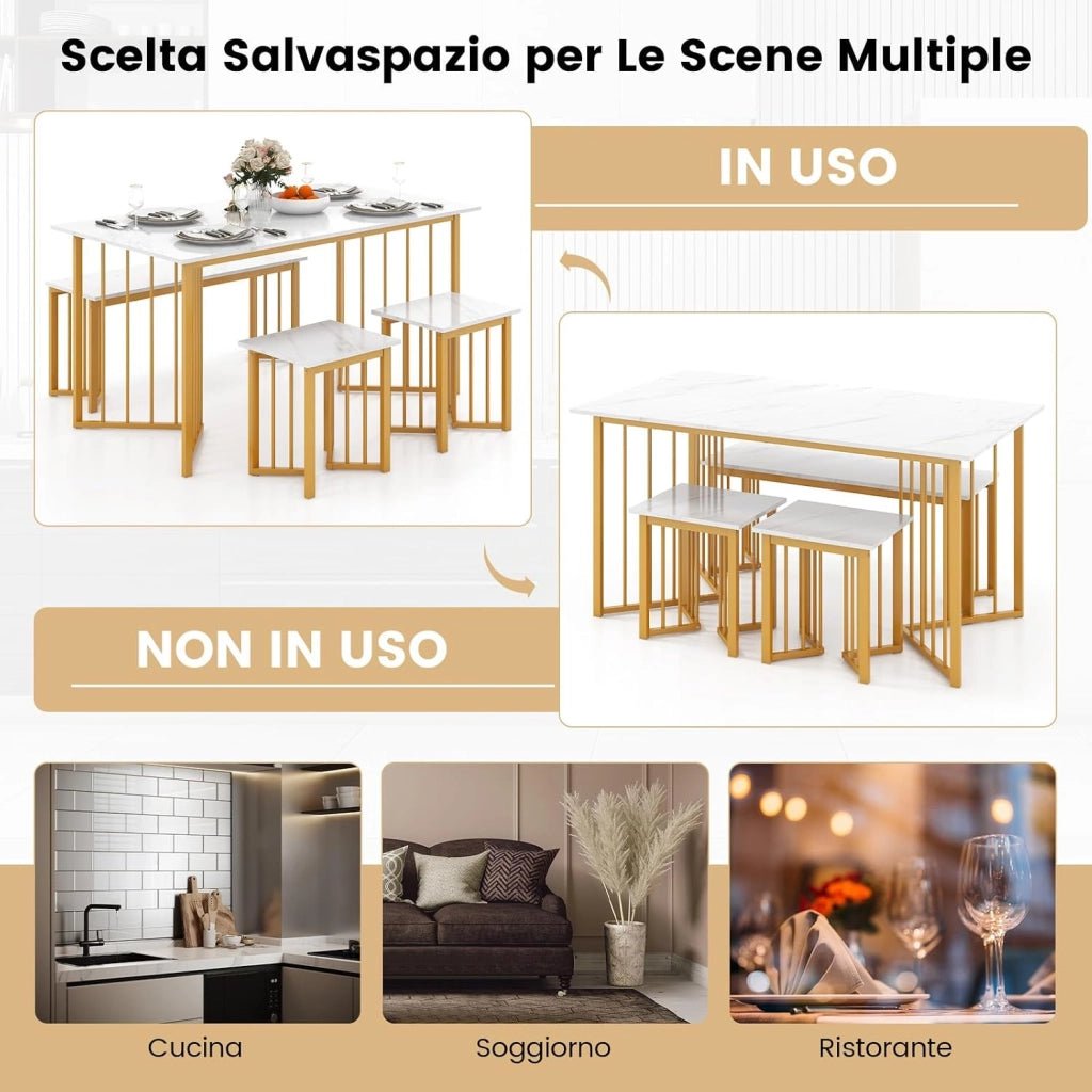 Set Tavolo da Pranzo a 4 Posti, Tavolo da Pranzo Rettangolare con Panca e 2 Sgabelli, con Gambe in Metallo Alate, per Cucina, Soggiorno, Sala da Pranzo, 150 x 80 x 75 cm