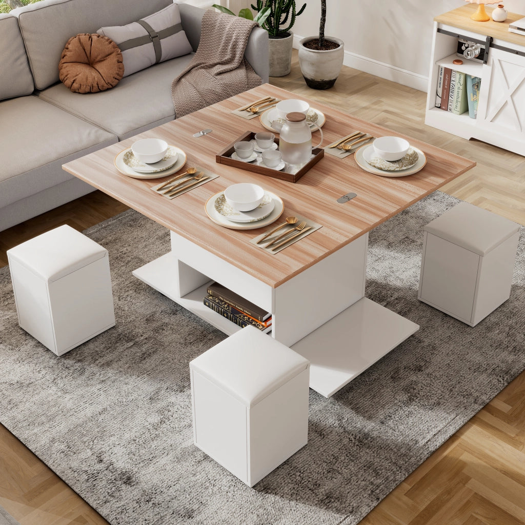 Tavolino da salotto sollevabile 2 in 1 con contenitore; 100x100x63;5 cm; bianco e naturale