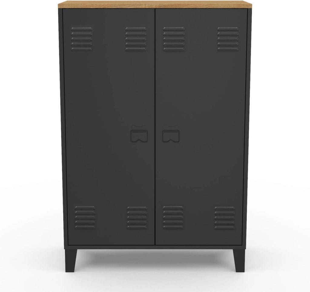 ESTER Armario de 2 puertas de metal negro con tapa de madera de diseño industrial