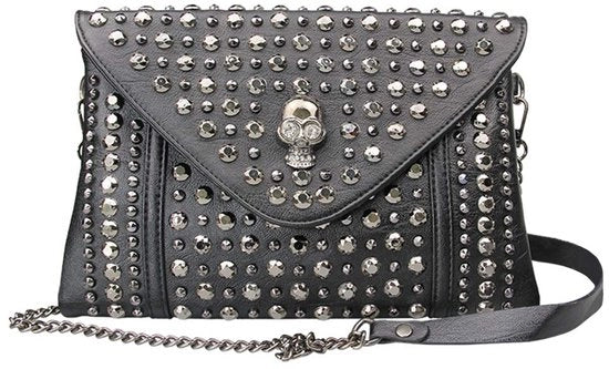 Borsa da Spalla Vintage Gotico con Testa di Morto in Pelle Studded, Catena e Cinturino in Acciaio, Nero