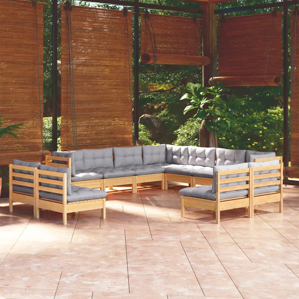Set Divani da Giardino 11 pz con Cuscini Grigi Massello di Pino cod mxl 39260