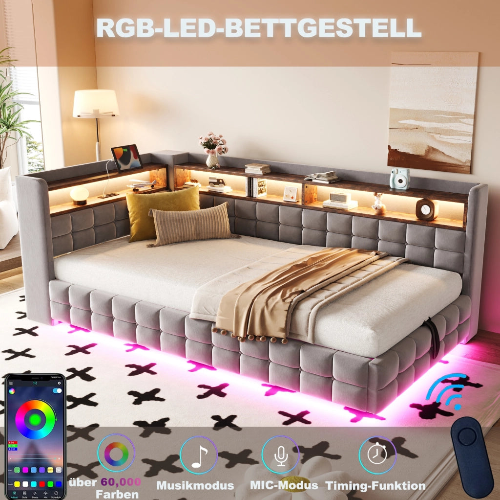 Divano letto imbottito 90x200 cm con contenitore idraulico; LED; USB e Type-C; grigio chiaro
