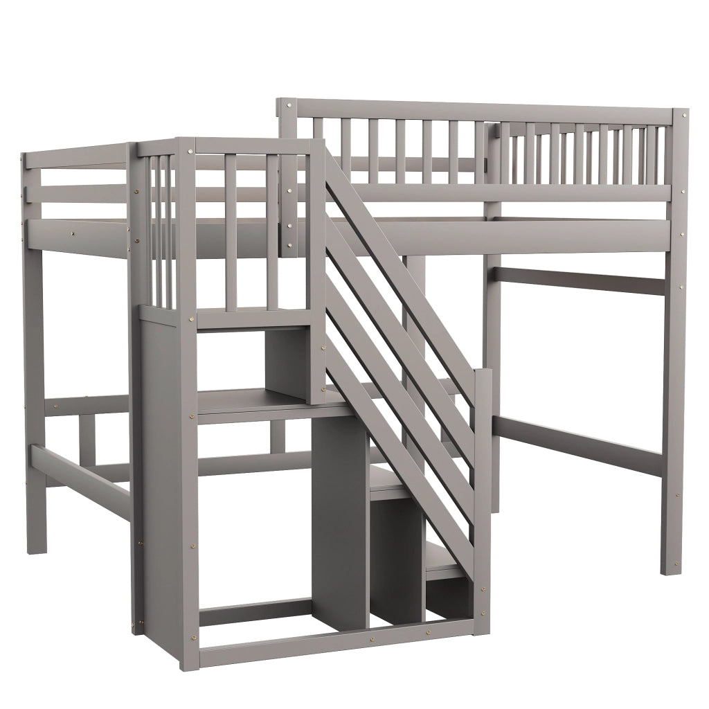 Letto a castello in legno grigio con scala contenitore altezza parapetto 140x200 cm