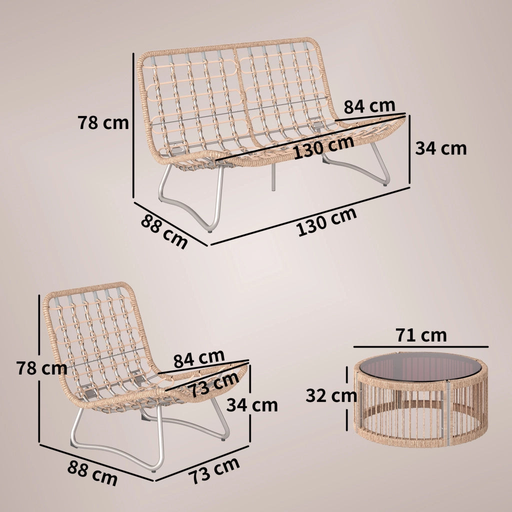 Set di mobili da giardino da 4 pezzi in polirattan con due posti 2 poltrone tavolino di vetro largo e sedile profondo cuscini spessi
