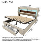 Letto Matrimoniale 160x200 con Contenitore; Testiera LED e Prese USB; Letto Imbottito in Lino Beige