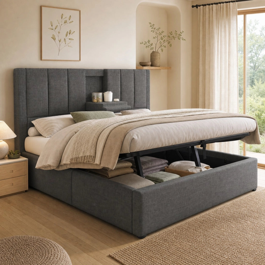 Letto matrimoniale 180x200 cm imbottito in lino grigio con contenitore, USB e Type-C
