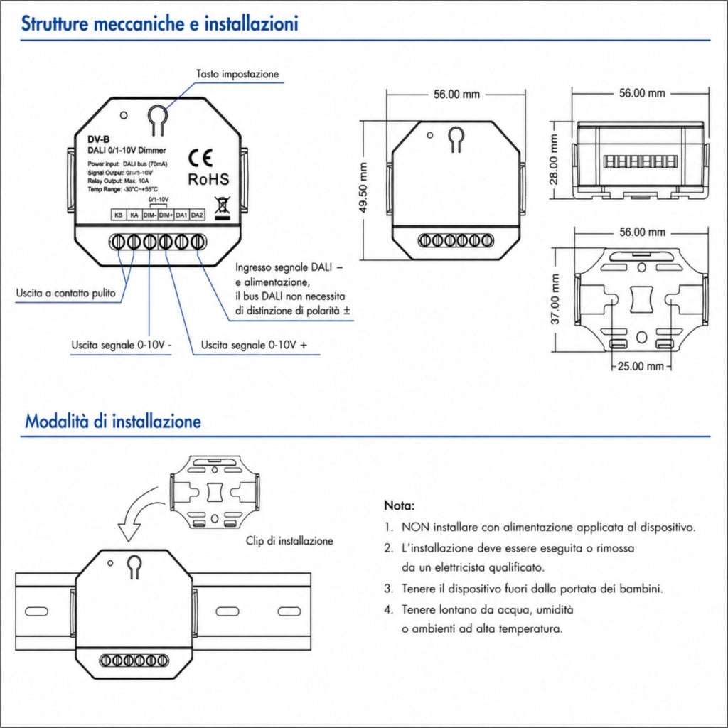 Mini Convertitore DALI a 0-10V 1-10V, Led Dimmer con Relè 10A, 1 Canale, Alimentato da Bus 16V, per Driver 0/1-10V e Luci LED Monocolore, 56X56X28mm da Incasso