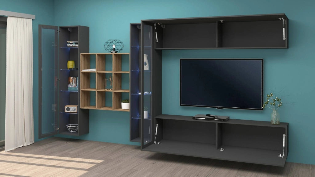 Mobile Soggiorno Avella, Parete Attrezzata 20 Ripiani Made in Italy, 350x30x180h cm Nero Antracite