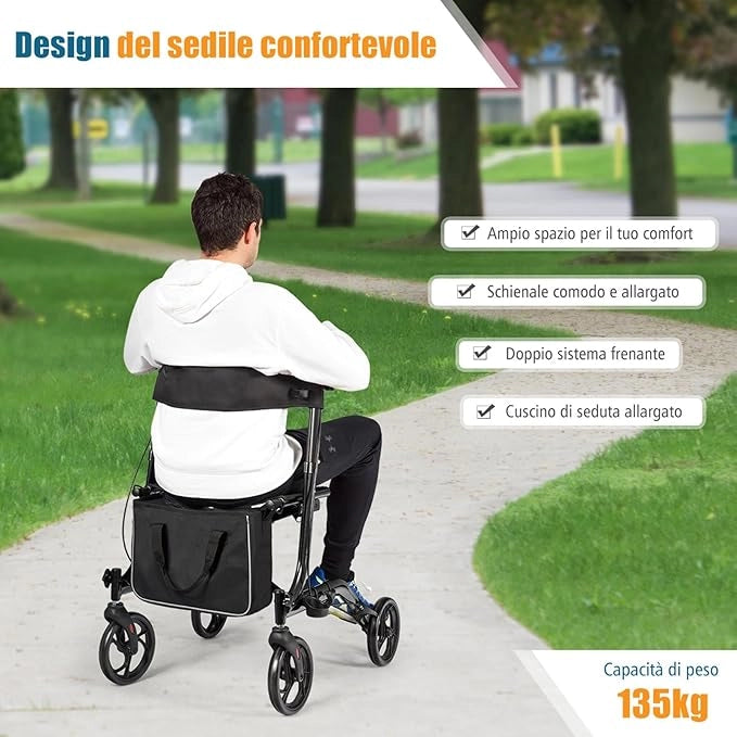 Deambulatore Pieghevole per Anziani Ultraleggero, con Sedile Borsa da Spesa e 4 Ruote Freno a Mano, Rollator Altezza Regolabile, Capacità 136kg, Lega di Alluminio, Nero (Nero)