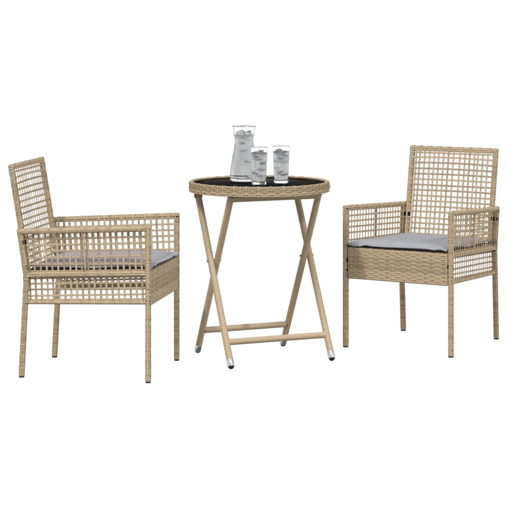 Set Bistro da Giardino a 3 Pezzi con Cuscini Beige in Polyrattan