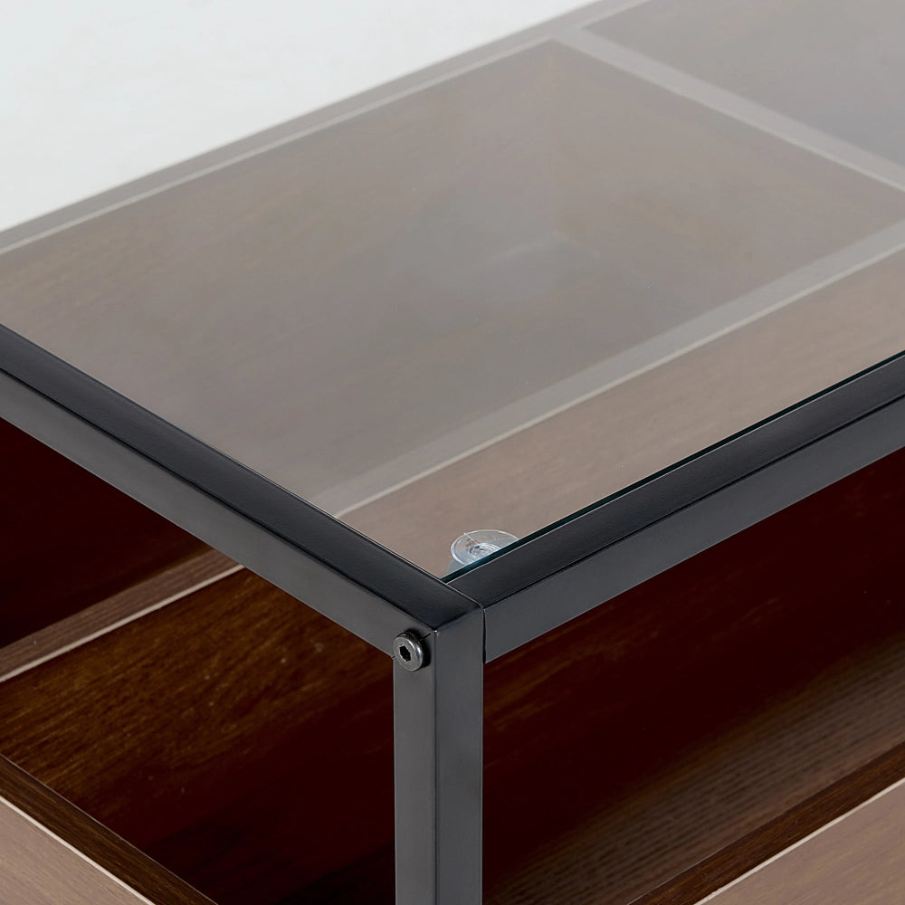 Tavolino in Legno Scuro con Piano in Vetro Nero Struttura in Metallo Funzione Contenitiva Rettangolare Design Moderno