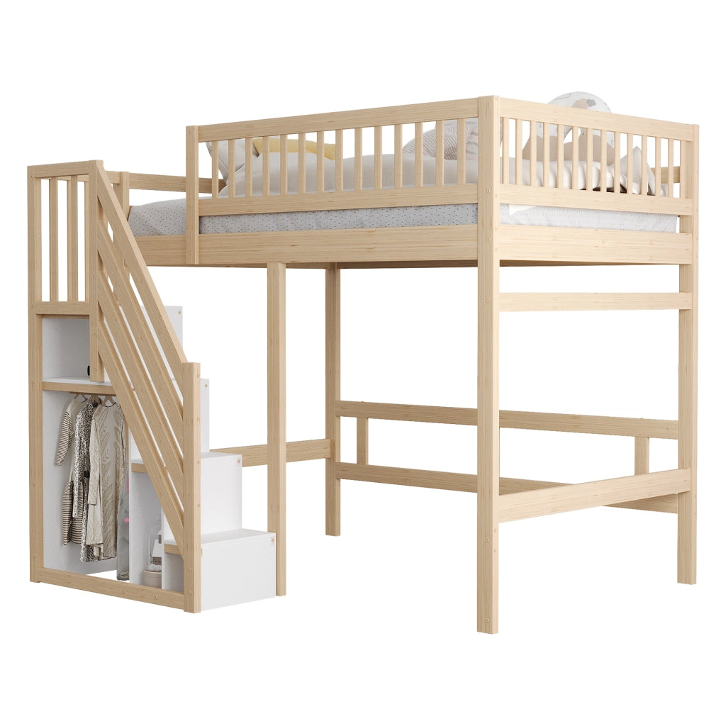 Letto in legno massello naturale con scala e vano contenitore altezza parapetto 140x200 cm